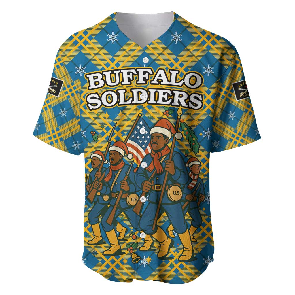 Buffalo Soldiers Christmas Baseball Jersey Blue Yellow Plaid Parade Illustration Design - African Pride