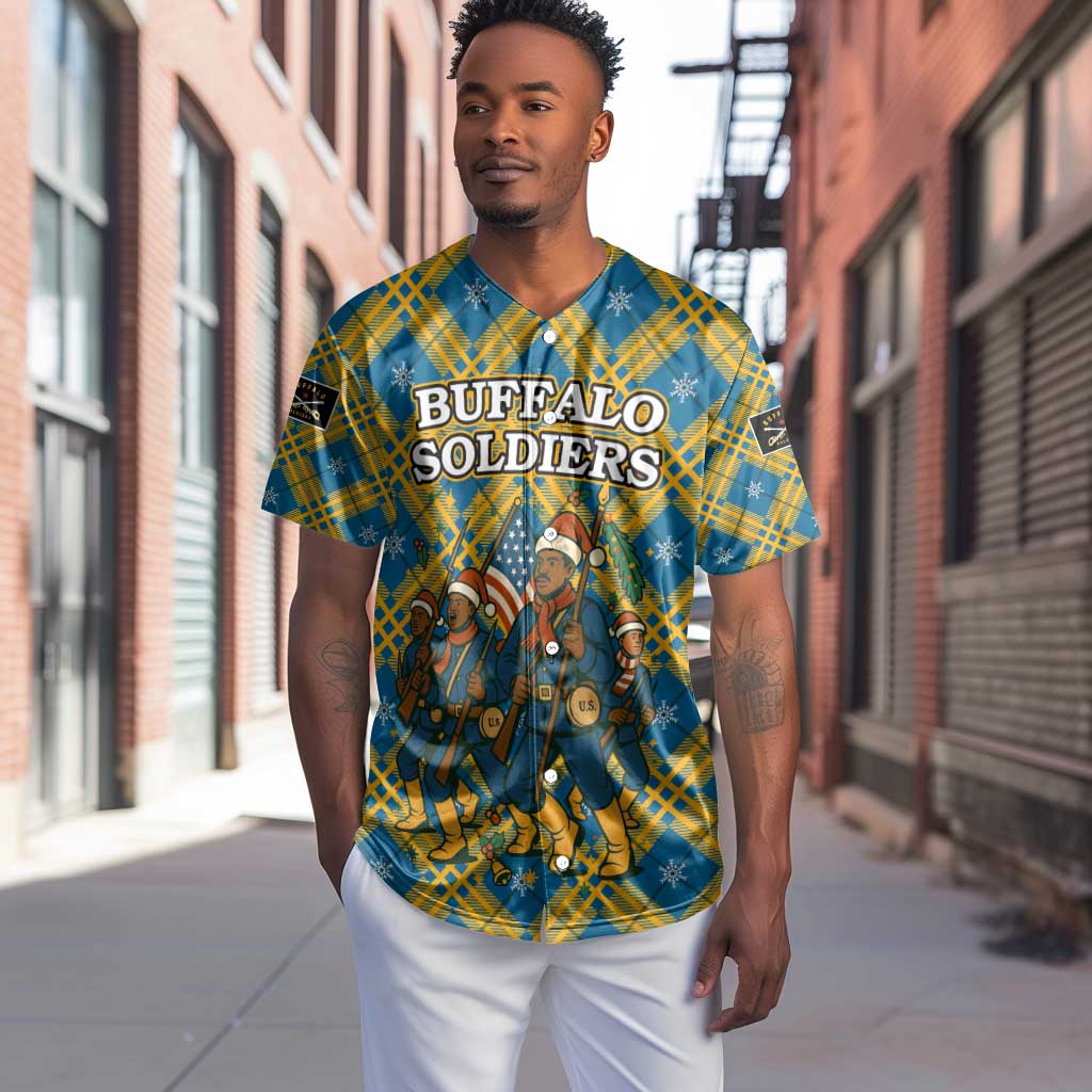 Buffalo Soldiers Christmas Baseball Jersey Blue Yellow Plaid Parade Illustration Design - African Pride
