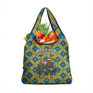 Buffalo Soldiers Christmas Grocery Bag Blue Yellow Plaid Parade Illustration Design - African Pride