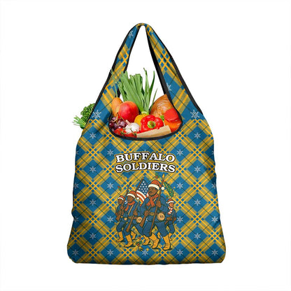 Buffalo Soldiers Christmas Grocery Bag Blue Yellow Plaid Parade Illustration Design - African Pride