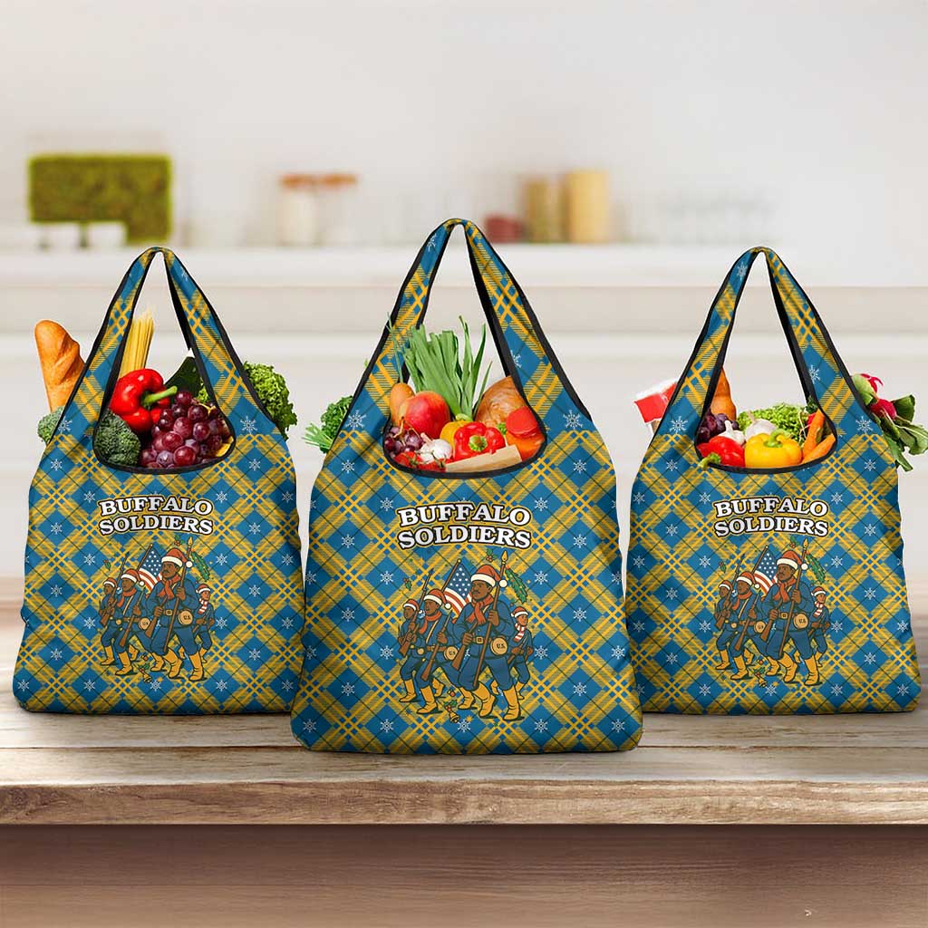 Buffalo Soldiers Christmas Grocery Bag Blue Yellow Plaid Parade Illustration Design - African Pride