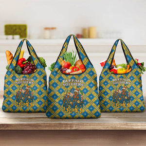 Buffalo Soldiers Christmas Grocery Bag Blue Yellow Plaid Parade Illustration Design - African Pride
