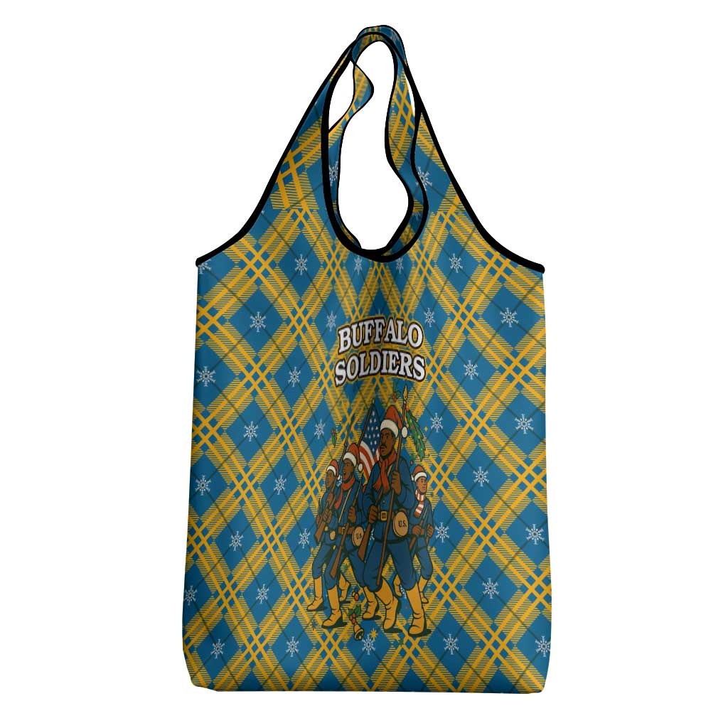 Buffalo Soldiers Christmas Grocery Bag Blue Yellow Plaid Parade Illustration Design - African Pride