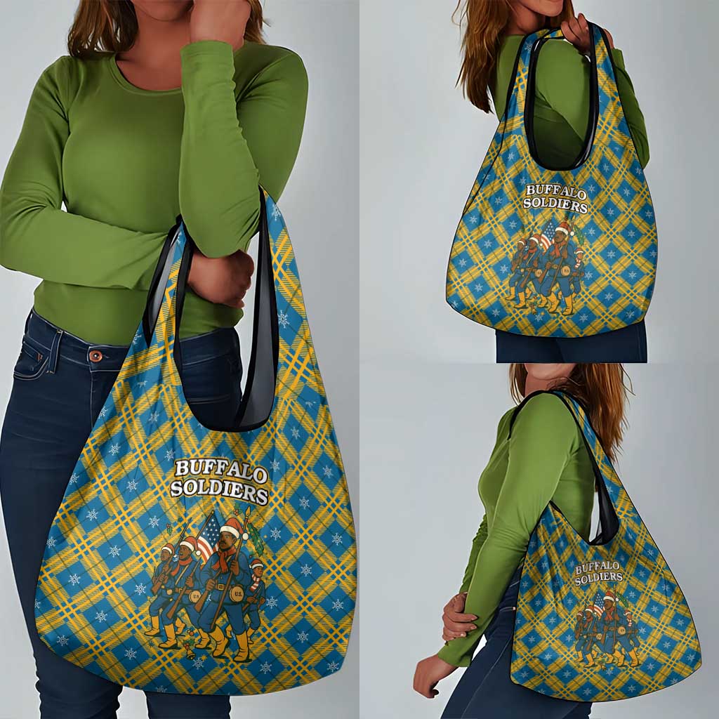 Buffalo Soldiers Christmas Grocery Bag Blue Yellow Plaid Parade Illustration Design - African Pride