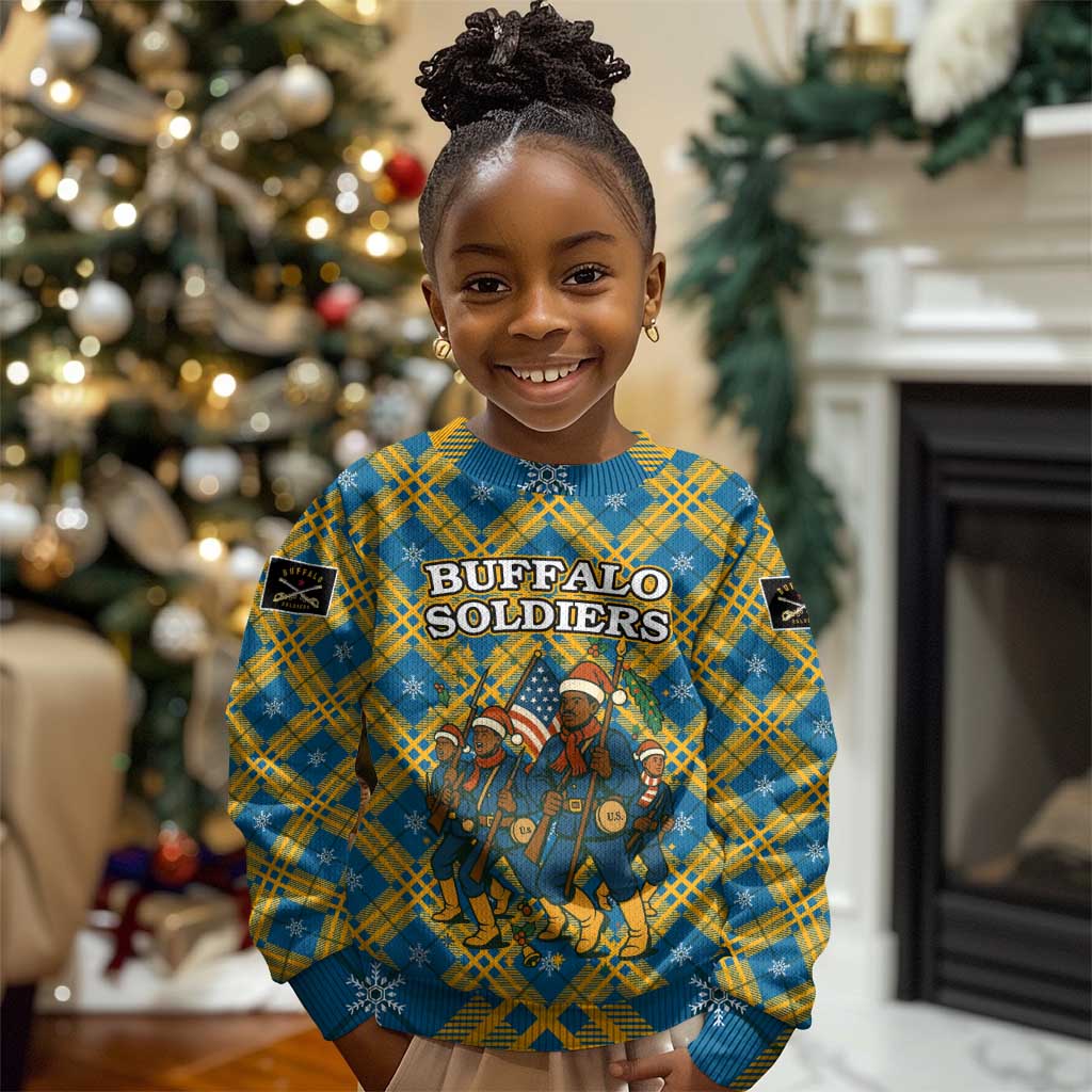 Buffalo Soldiers Christmas Kid Ugly Christmas Sweater Blue Yellow Plaid Parade Illustration Design - African Pride