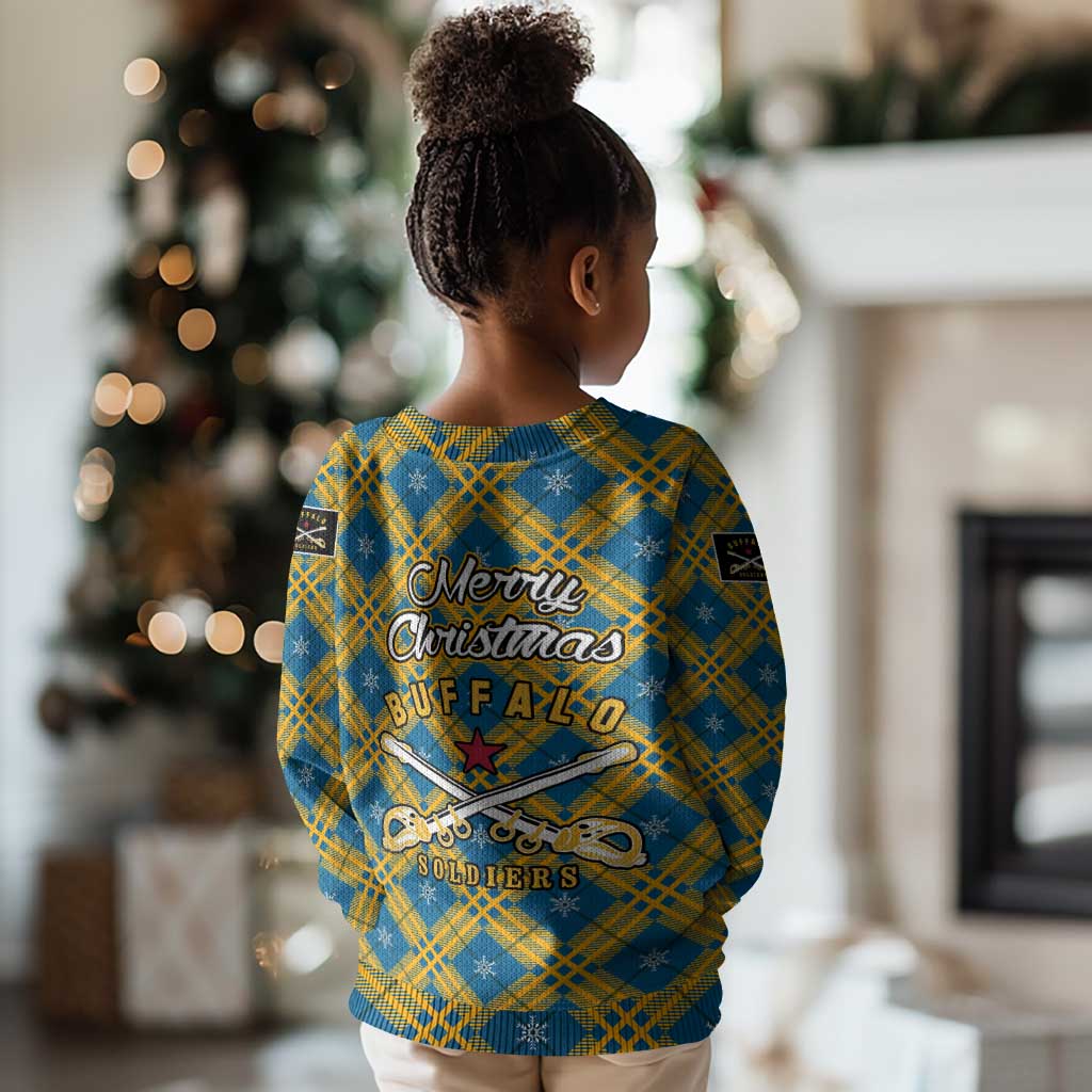 Buffalo Soldiers Christmas Kid Ugly Christmas Sweater Blue Yellow Plaid Parade Illustration Design - African Pride