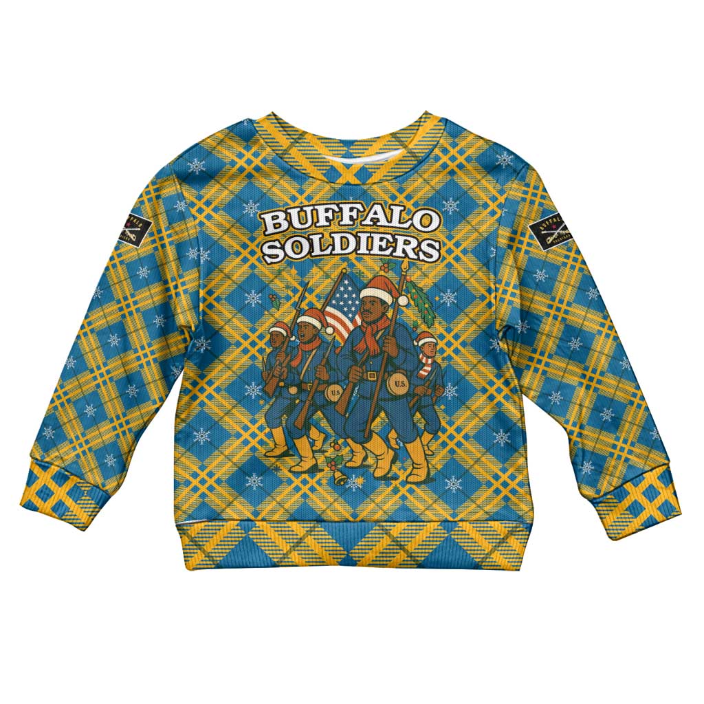 Buffalo Soldiers Christmas Kid Ugly Christmas Sweater Blue Yellow Plaid Parade Illustration Design - African Pride