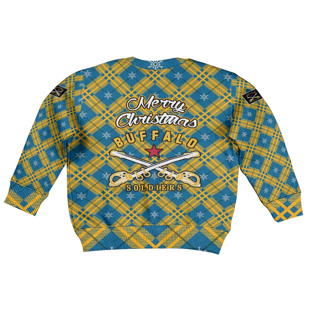 Buffalo Soldiers Christmas Kid Ugly Christmas Sweater Blue Yellow Plaid Parade Illustration Design - African Pride