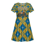 Buffalo Soldiers Christmas Kid Short Sleeve Dress Blue Yellow Plaid Parade Illustration Design - African Pride