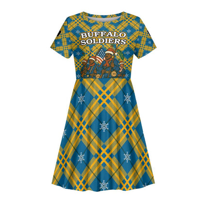 Buffalo Soldiers Christmas Kid Short Sleeve Dress Blue Yellow Plaid Parade Illustration Design - African Pride