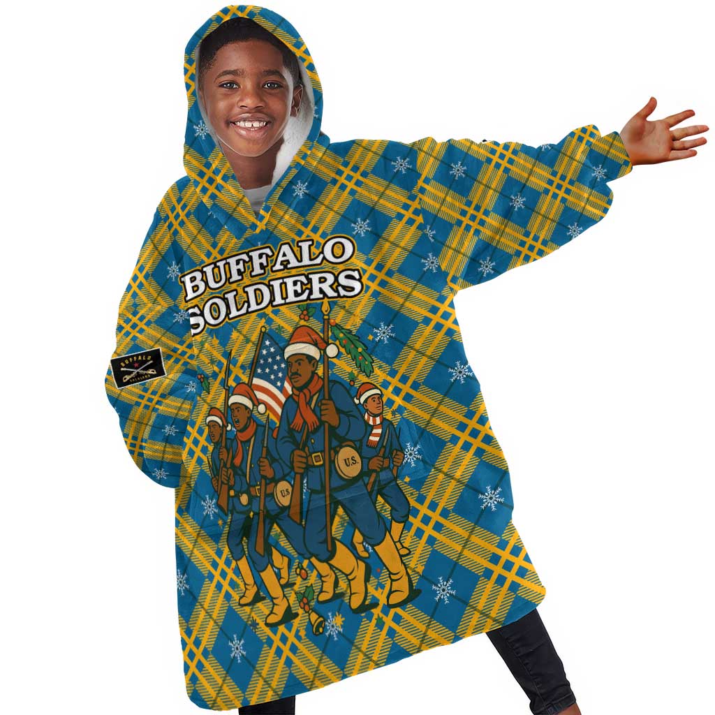 Buffalo Soldiers Christmas Kid Wearable Blanket Hoodie Blue Yellow Plaid Parade Illustration Design - African Pride