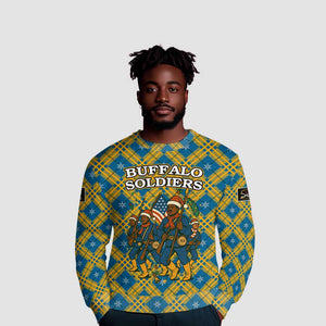 Buffalo Soldiers Christmas Ugly Christmas Sweater Blue Yellow Plaid Parade Illustration Design - African Pride
