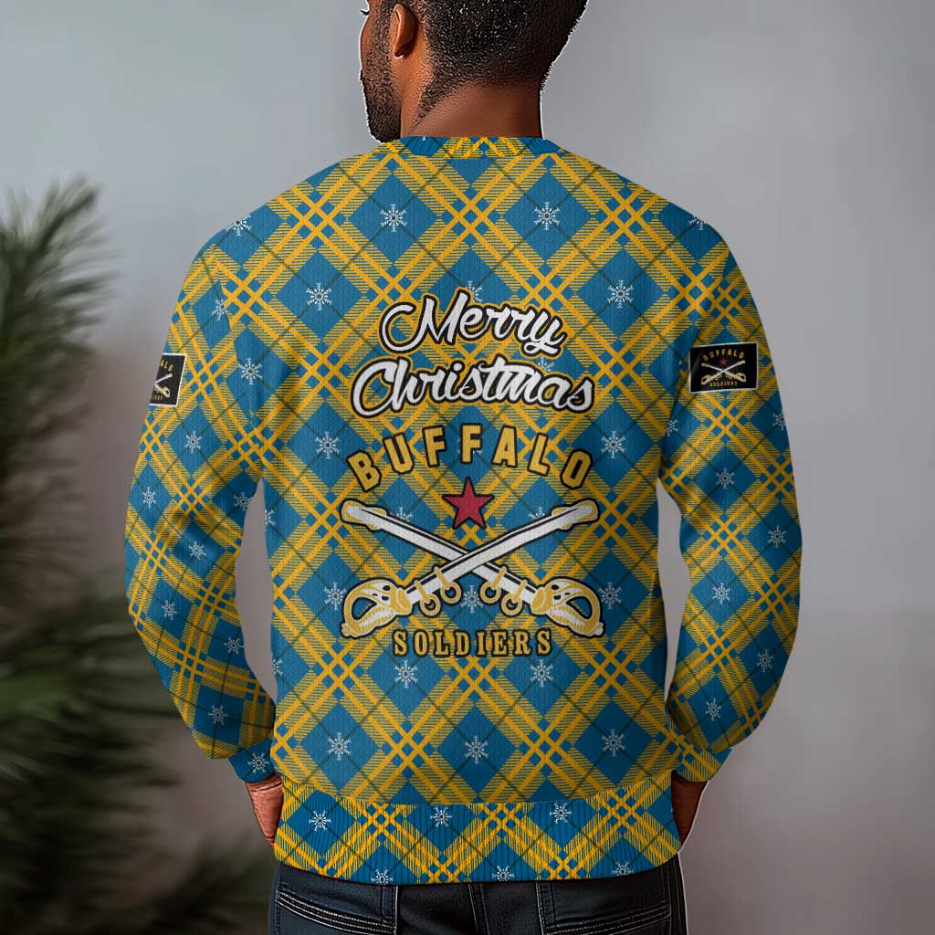 Buffalo Soldiers Christmas Ugly Christmas Sweater Blue Yellow Plaid Parade Illustration Design - African Pride