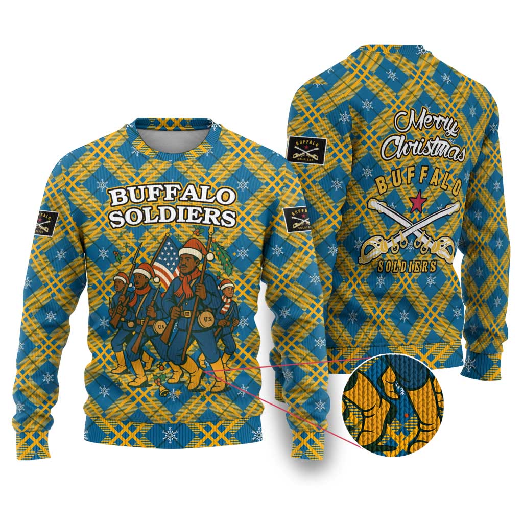 Buffalo Soldiers Christmas Ugly Christmas Sweater Blue Yellow Plaid Parade Illustration Design - African Pride
