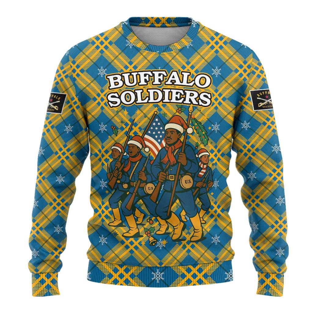 Buffalo Soldiers Christmas Ugly Christmas Sweater Blue Yellow Plaid Parade Illustration Design - African Pride