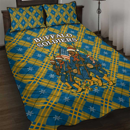 Buffalo Soldiers Christmas Quilt Bed Set Blue Yellow Plaid Parade Illustration Design - African Pride