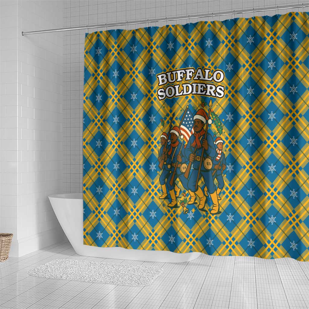 Buffalo Soldiers Christmas Shower Curtain Blue Yellow Plaid Parade Illustration Design - African Pride