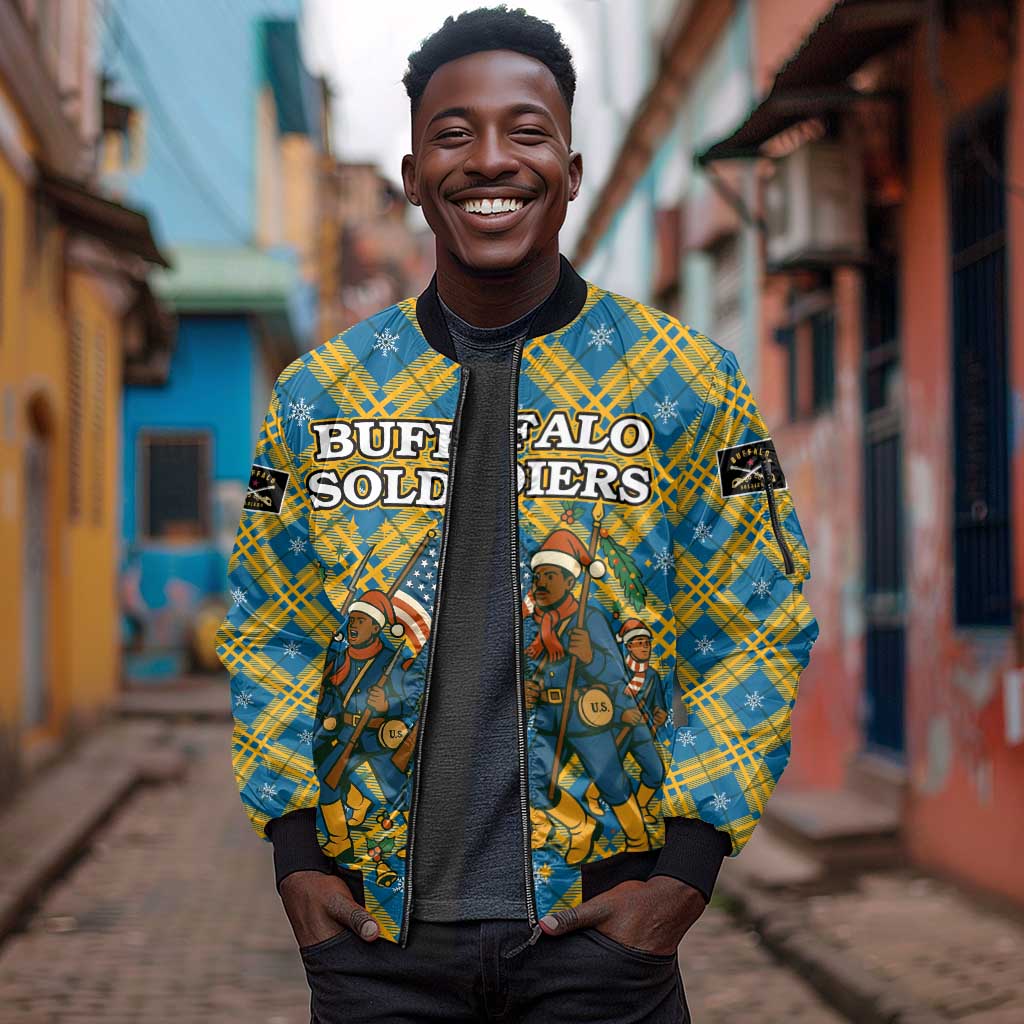 Buffalo Soldiers Christmas Sleeve Zip Bomber Jacket Blue Yellow Plaid Parade Illustration Design - African Pride