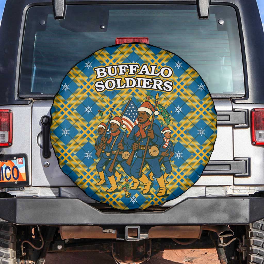 Buffalo Soldiers Christmas Spare Tire Cover Blue Yellow Plaid Parade Illustration Design - African Pride