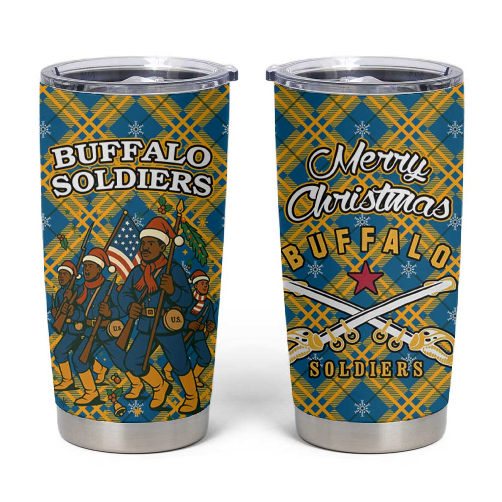 Buffalo Soldiers Christmas Tumbler Cup Blue Yellow Plaid Parade Illustration Design - African Pride
