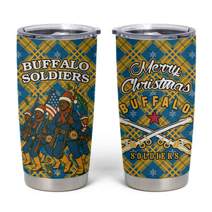 Buffalo Soldiers Christmas Tumbler Cup Blue Yellow Plaid Parade Illustration Design - African Pride