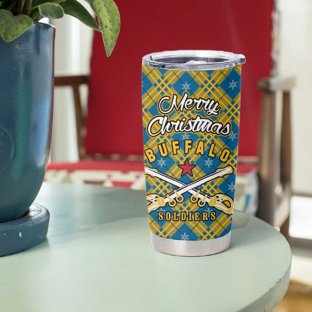 Buffalo Soldiers Christmas Tumbler Cup Blue Yellow Plaid Parade Illustration Design - African Pride