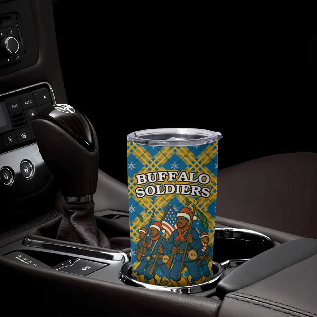 Buffalo Soldiers Christmas Tumbler Cup Blue Yellow Plaid Parade Illustration Design - African Pride