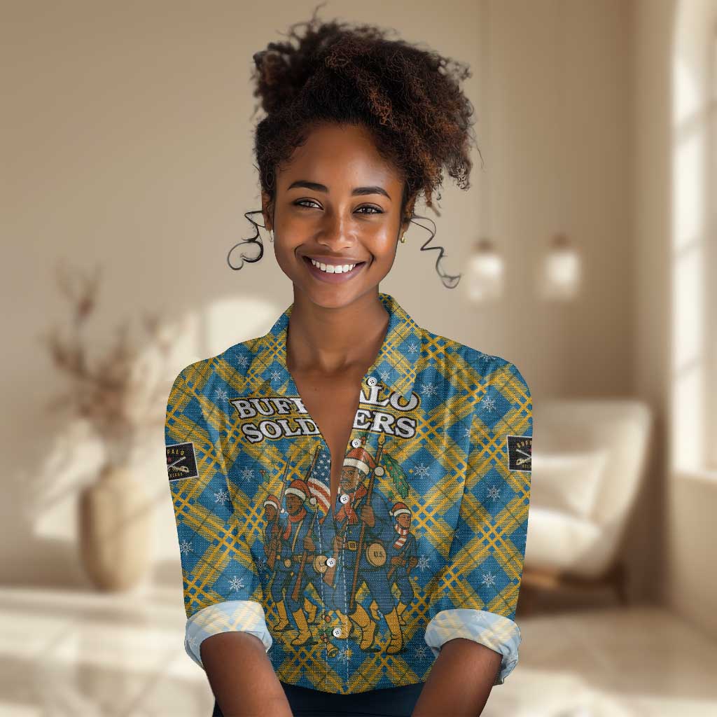 Buffalo Soldiers Christmas Women Casual Shirt Blue Yellow Plaid Parade Illustration Design - African Pride