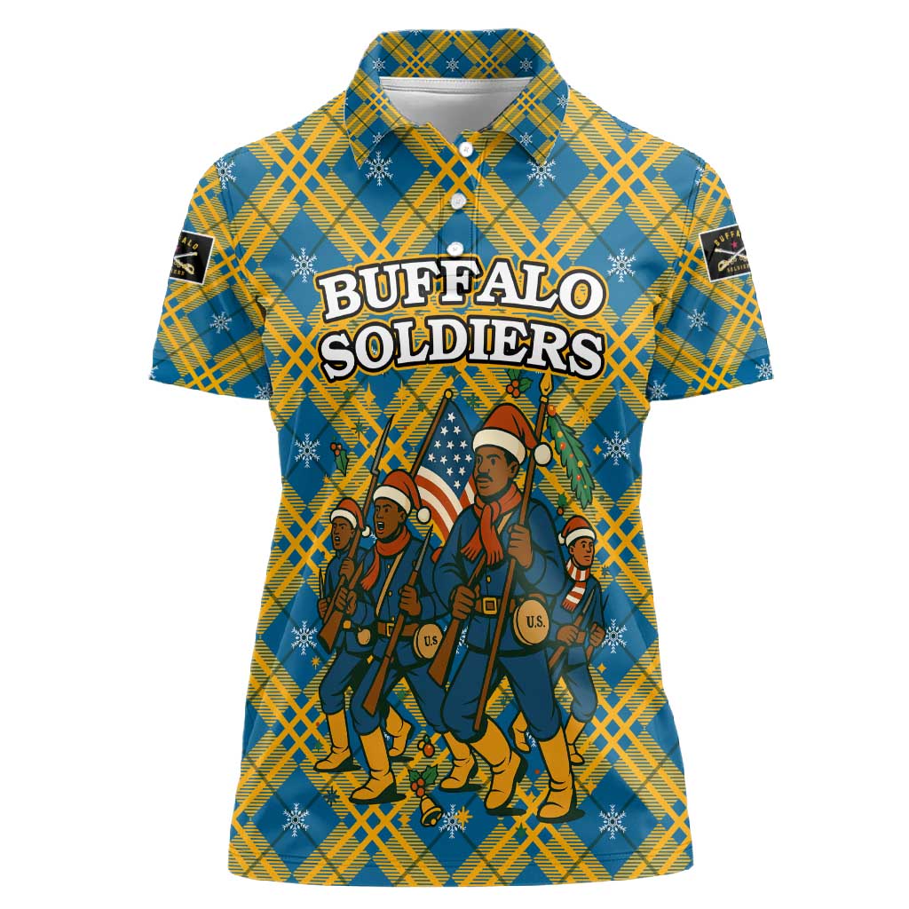 Buffalo Soldiers Christmas Women Polo Shirt Blue Yellow Plaid Parade Illustration Design - African Pride