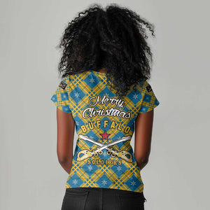 Buffalo Soldiers Christmas Women V-Neck T-Shirt Blue Yellow Plaid Parade Illustration Design - African Pride