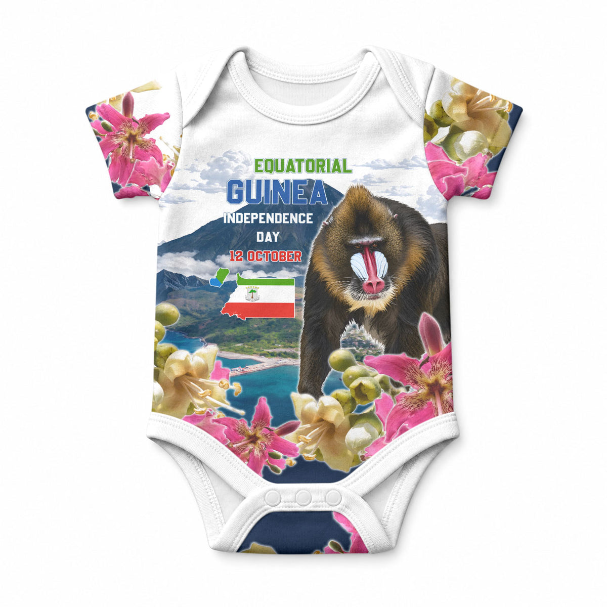 Equatorial Guinea Independence Day Mandrill Baby Onesie Patriotic Floral African Pride Map
