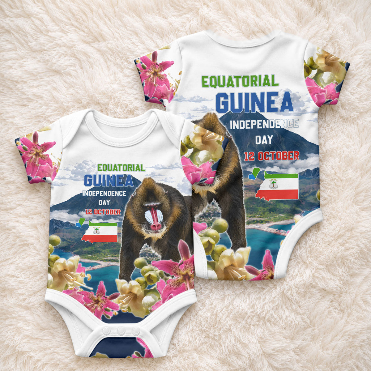 Equatorial Guinea Independence Day Mandrill Baby Onesie Patriotic Floral African Pride Map