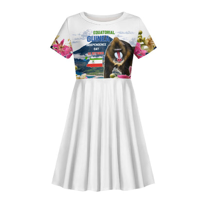 Equatorial Guinea Independence Day Mandrill Kid Short Sleeve Dress Patriotic Floral African Pride Map