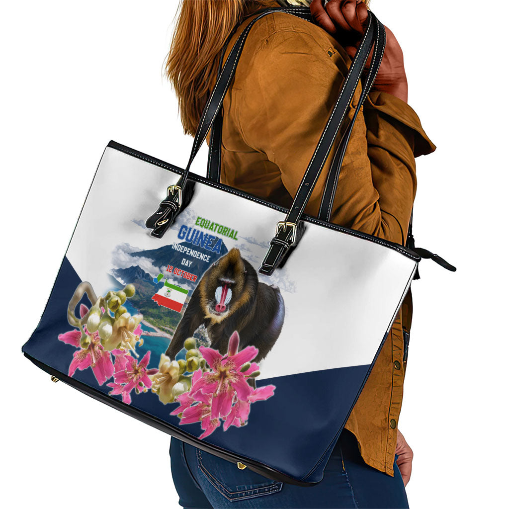 Equatorial Guinea Independence Day Mandrill Leather Tote Bag Patriotic Floral African Pride Map