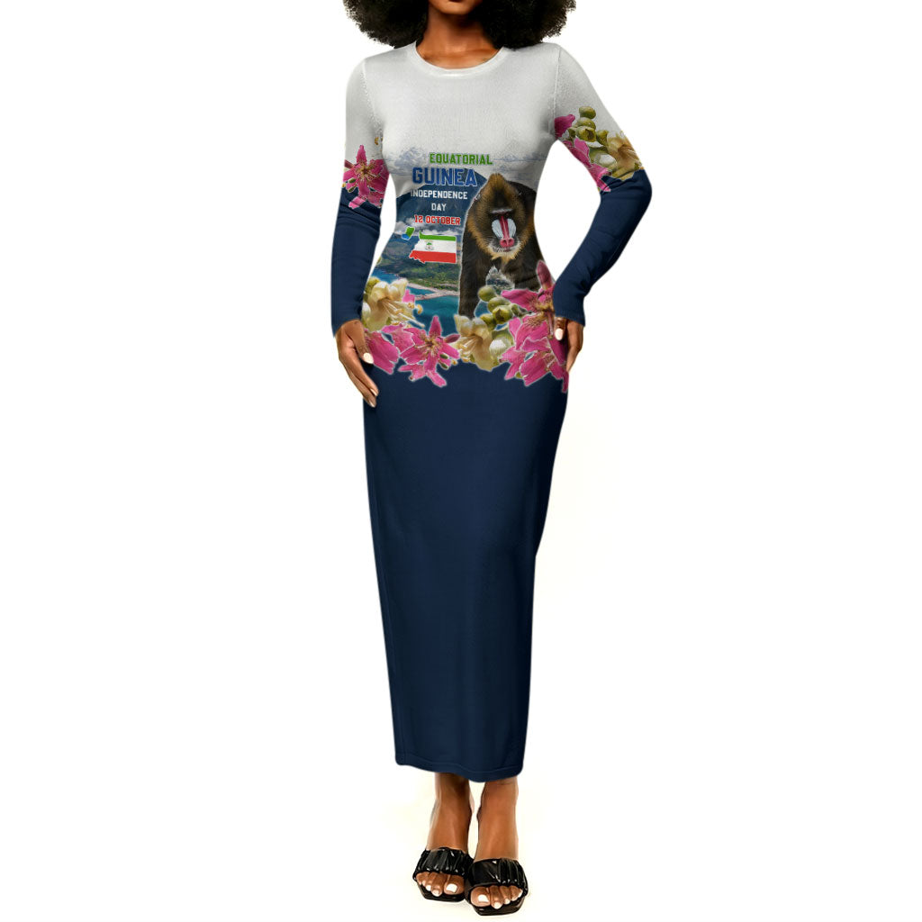 Equatorial Guinea Independence Day Mandrill Long Sleeve Bodycon Dress Patriotic Floral African Pride Map
