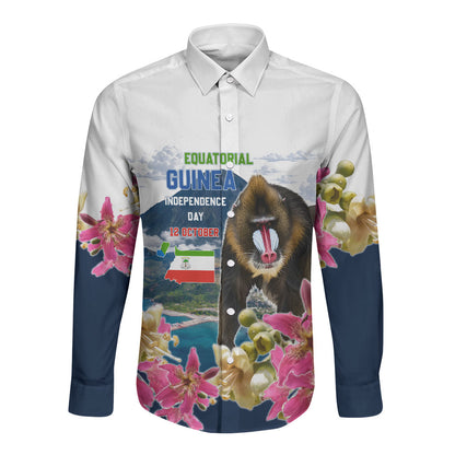 Equatorial Guinea Independence Day Mandrill Long Sleeve Button Shirt Patriotic Floral African Pride Map