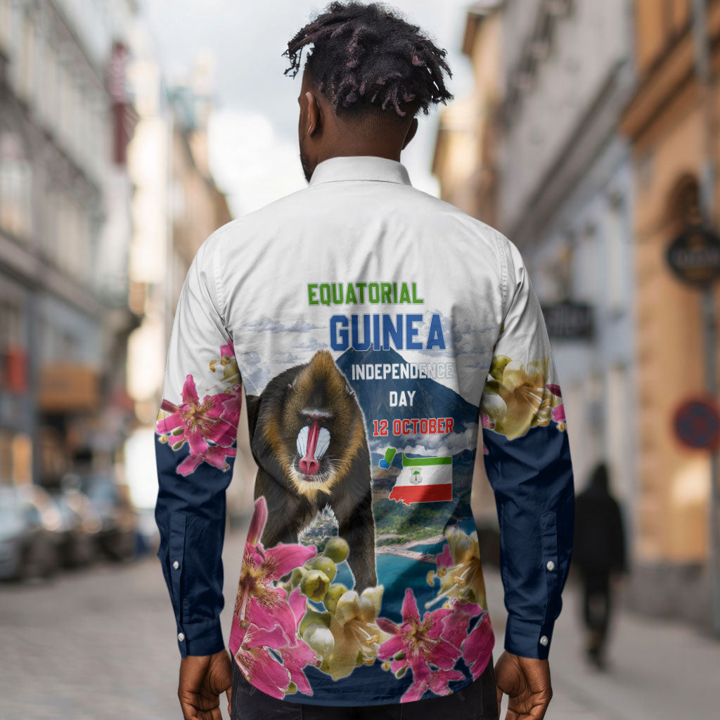 Equatorial Guinea Independence Day Mandrill Long Sleeve Button Shirt Patriotic Floral African Pride Map