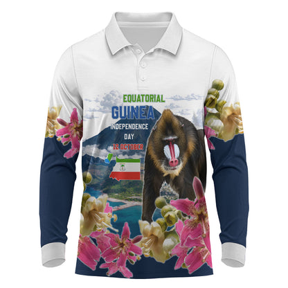 Equatorial Guinea Independence Day Mandrill Long Sleeve Polo Shirt Patriotic Floral African Pride Map
