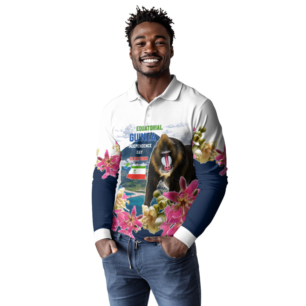 Equatorial Guinea Independence Day Mandrill Long Sleeve Polo Shirt Patriotic Floral African Pride Map