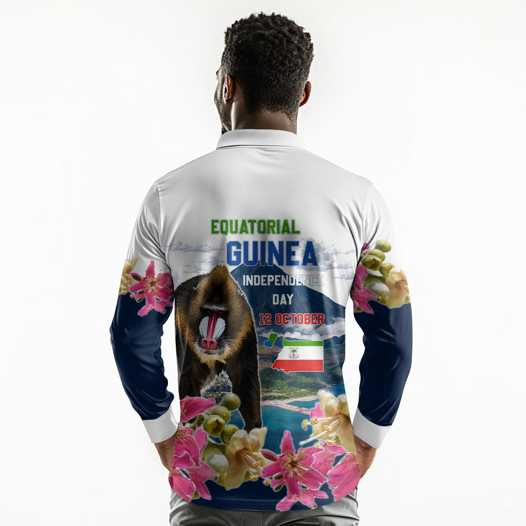 Equatorial Guinea Independence Day Mandrill Long Sleeve Polo Shirt Patriotic Floral African Pride Map