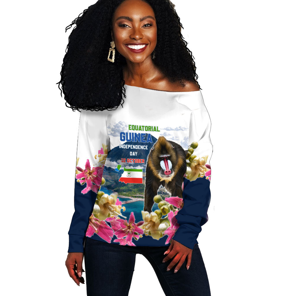 Equatorial Guinea Independence Day Mandrill Off Shoulder Sweater Patriotic Floral African Pride Map