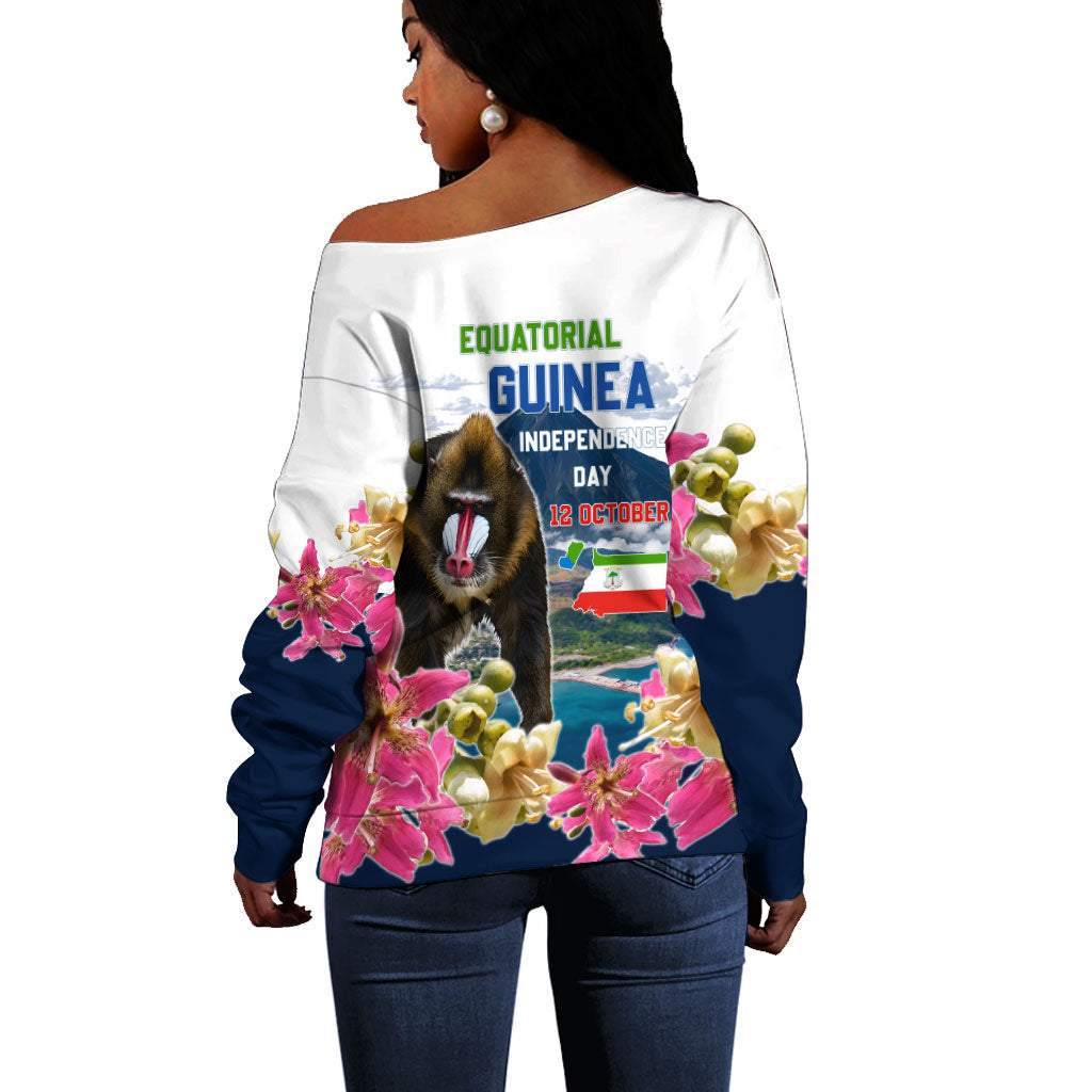 Equatorial Guinea Independence Day Mandrill Off Shoulder Sweater Patriotic Floral African Pride Map
