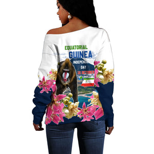 Equatorial Guinea Independence Day Mandrill Off Shoulder Sweater Patriotic Floral African Pride Map