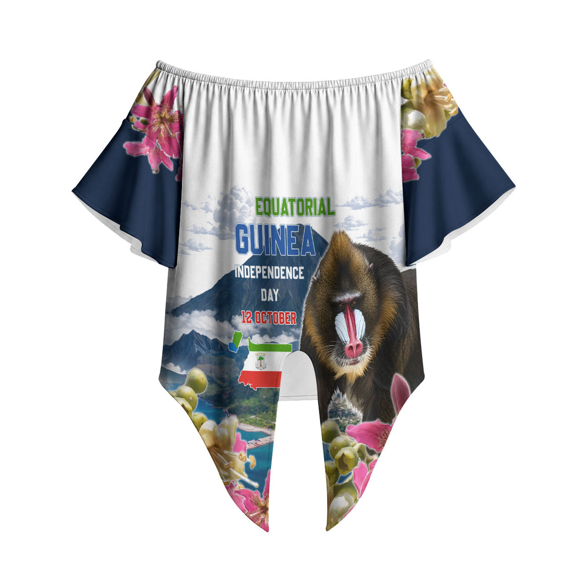 Equatorial Guinea Independence Day Mandrill Off Shoulder Wrap Waist Top Patriotic Floral African Pride Map