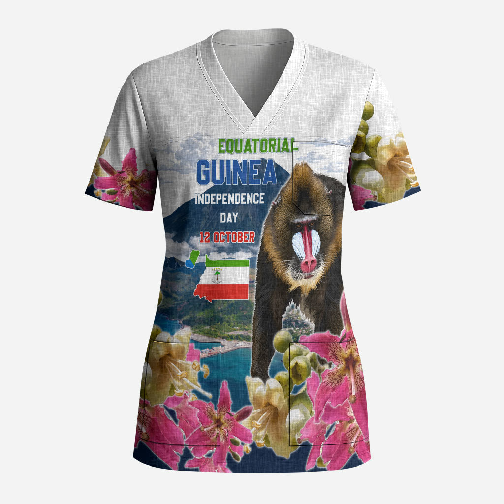 Equatorial Guinea Independence Day Mandrill Scrub Top Patriotic Floral African Pride Map
