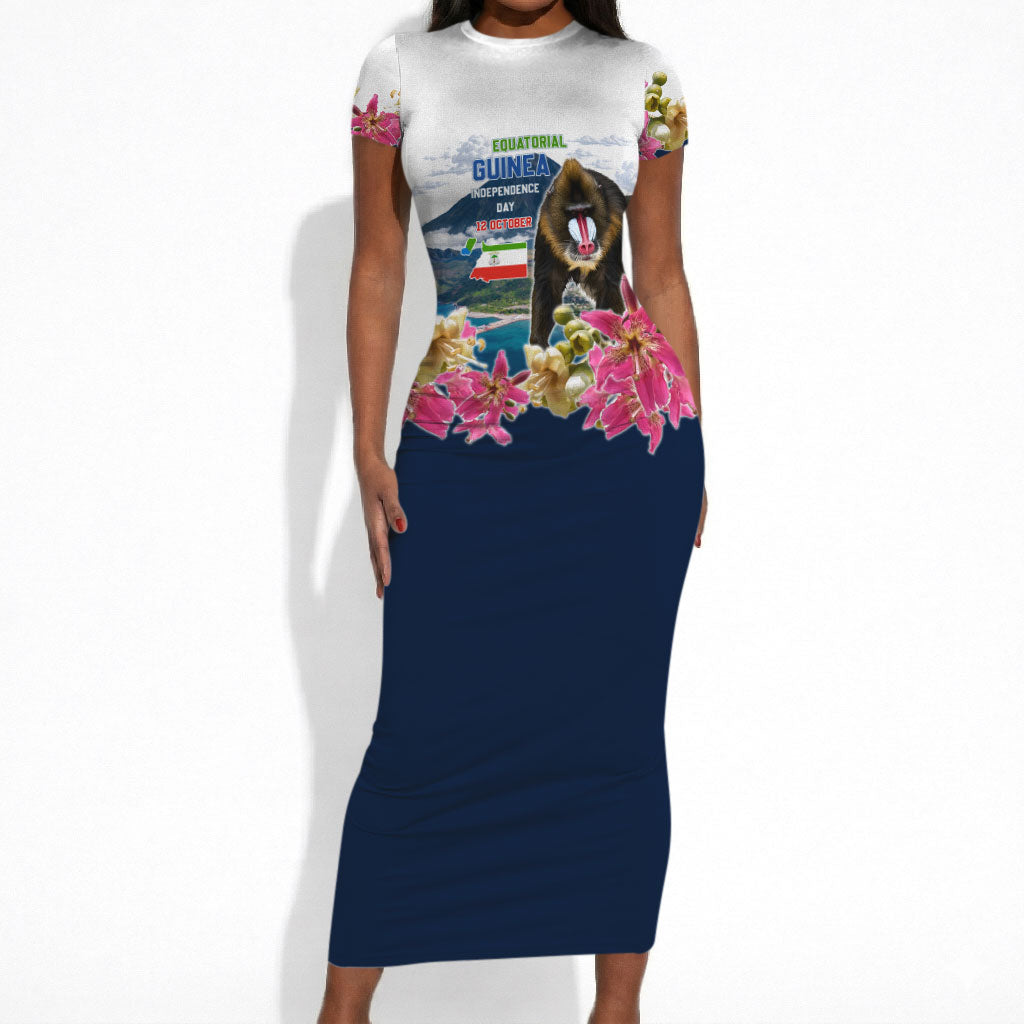 Equatorial Guinea Independence Day Mandrill Short Sleeve Bodycon Dress Patriotic Floral African Pride Map