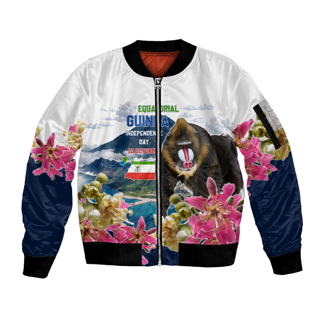 Equatorial Guinea Independence Day Mandrill Sleeve Zip Bomber Jacket Patriotic Floral African Pride Map
