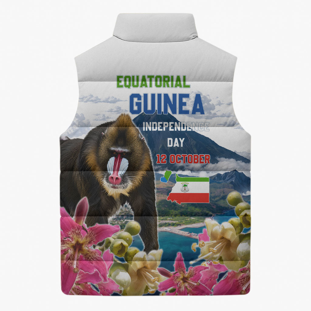 Equatorial Guinea Independence Day Mandrill Sleeveless Puffer Jacket Patriotic Floral African Pride Map