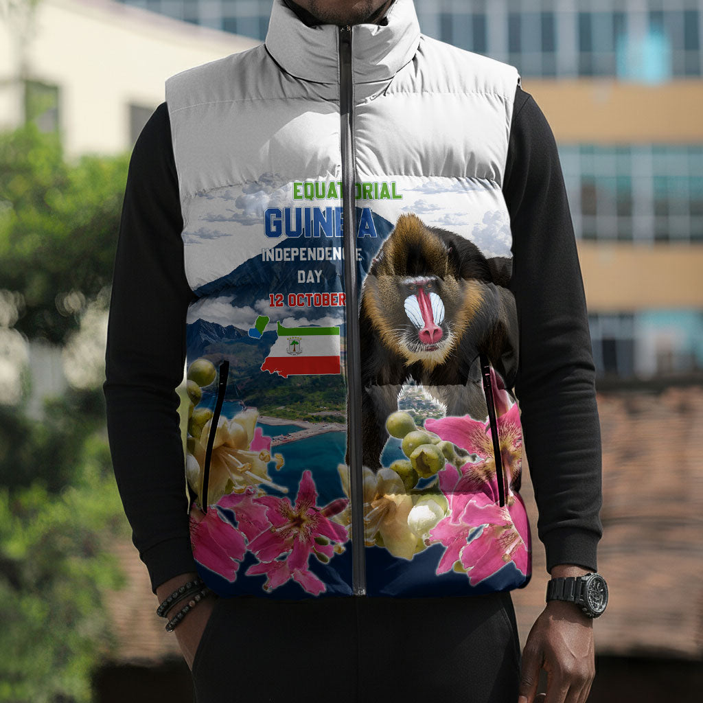 Equatorial Guinea Independence Day Mandrill Sleeveless Puffer Jacket Patriotic Floral African Pride Map