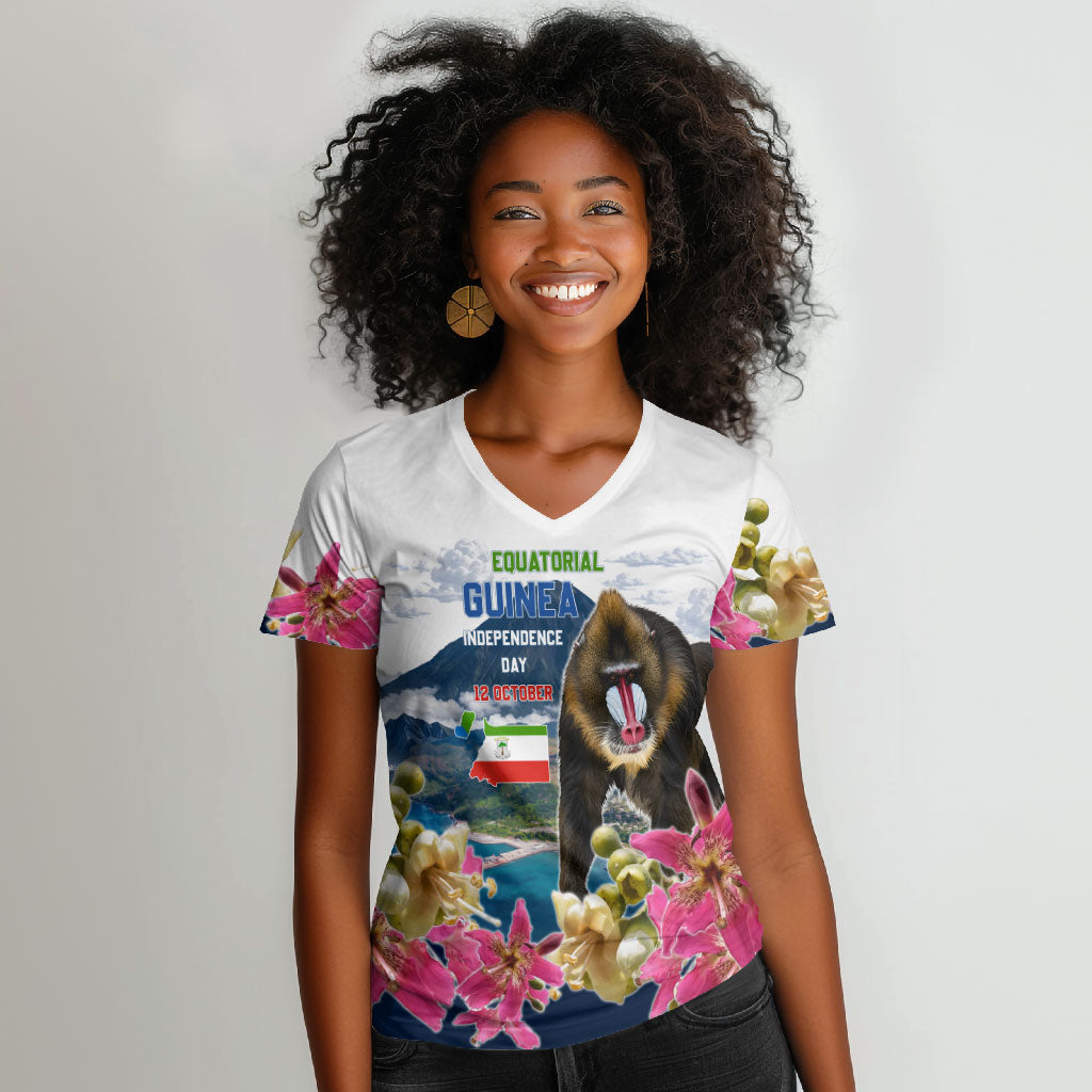 Equatorial Guinea Independence Day Mandrill Women V-Neck T-Shirt Patriotic Floral African Pride Map